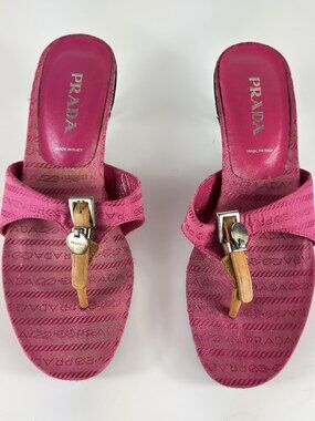 Prada Pink Logo Kitten Heel Slide Canvas Thong Sandals Vintage EU 36.5 US 6.5